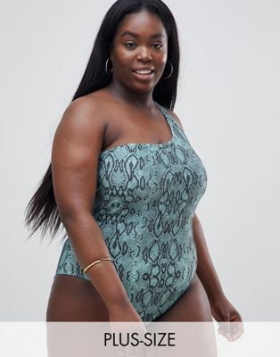Unique 21 Plus Size One Shoulder Asymmetric Snake Print Swimsuit