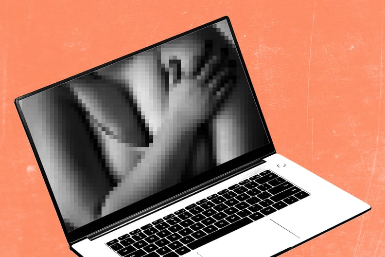 conceptual image of an open laptop with a pixelated photo of a woman's bust