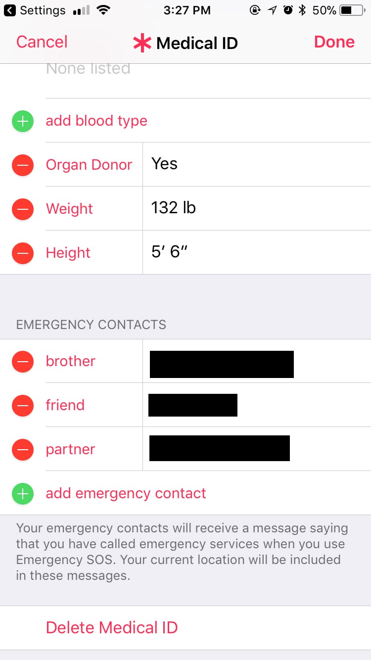 Add, remove, or edit your emergency contacts and their relationship with you.
