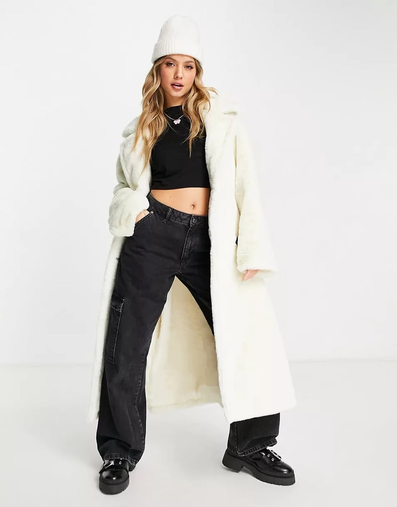 ASOS Design Faux Fur Trench Coat in Cream