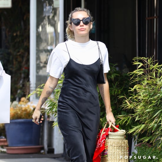 Miley Cyrus Black Slip Dress and White T-Shirt