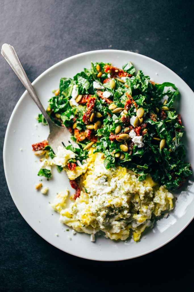 Goat Cheese Scrambled Eggs With Pesto and Kale