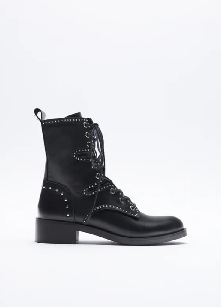 Zara Studded Low Heel Leather Ankle Boots