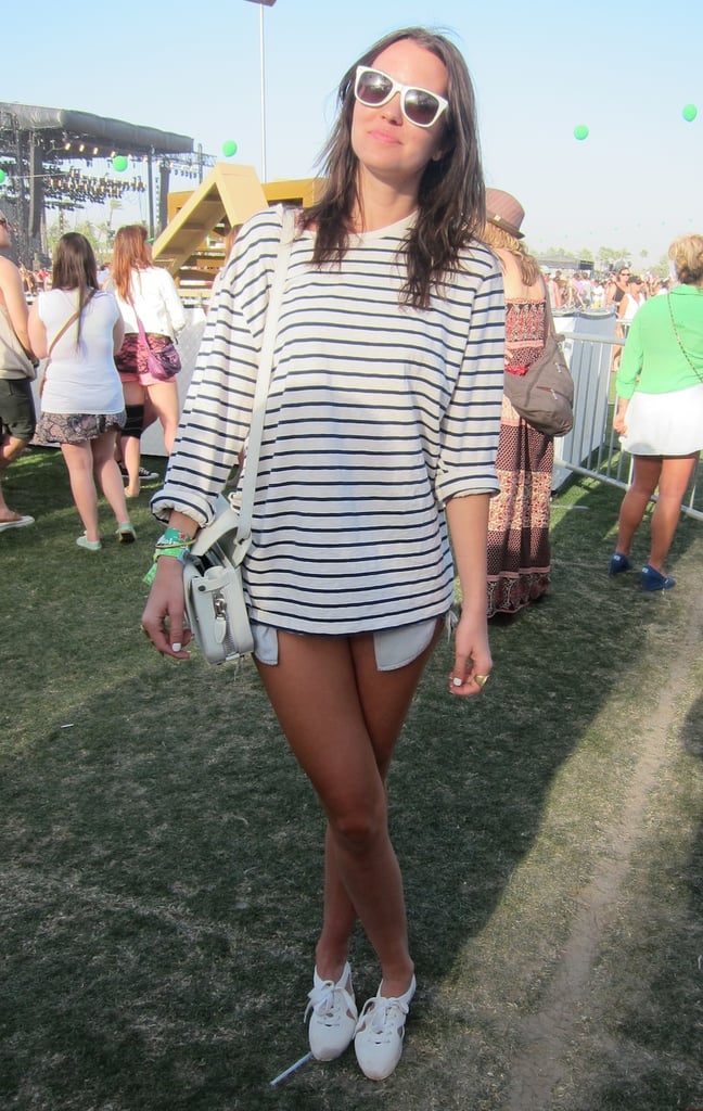 Sometimes, all you need is an oversize striped shirt, a glow-in-the-dark Alexander Wang bag, and cute white shoes to stand out at Coachella.
Source: Chi Diem Chau