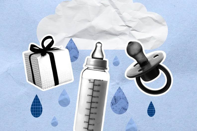 collage of a gift baby bottle and pacifier under a rain cloud