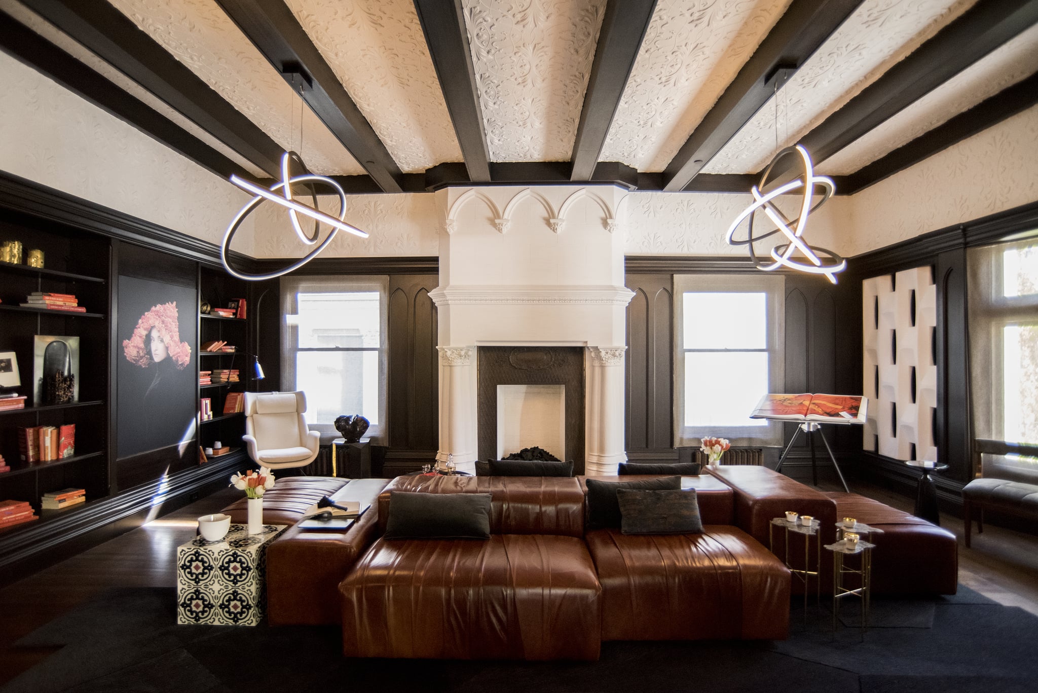 living room black ceiling beams