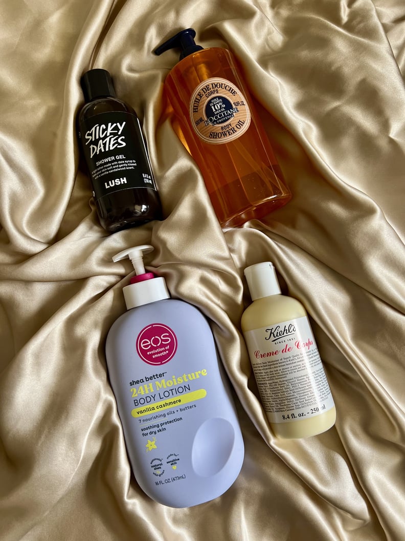 Lush Sticky Dates Shower Gel, L'Occitane Shea Body Shower Oil, Kiehl's Creme de Corps Body Lotion, and Eos 24H Hydration Body Lotion in Vanilla Cashmere.