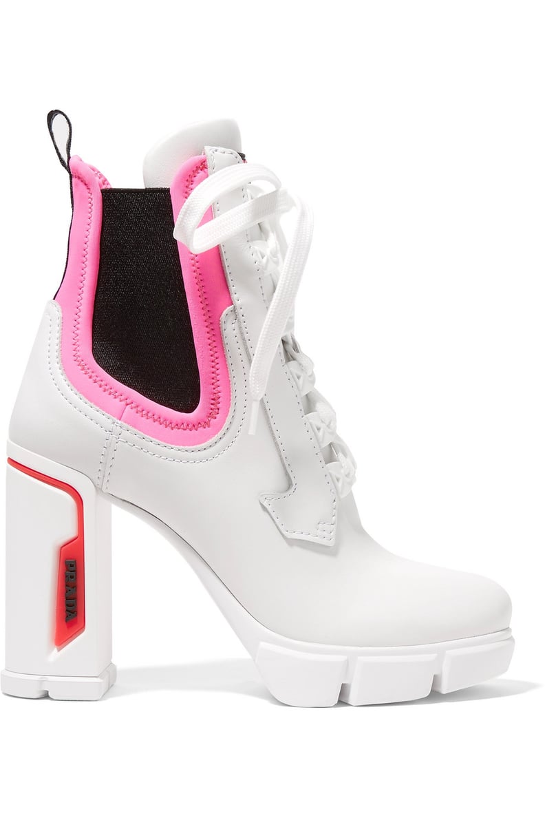 Prada Logo Embossed Rubber and Neoprene Trimmed Leather Ankle Boots