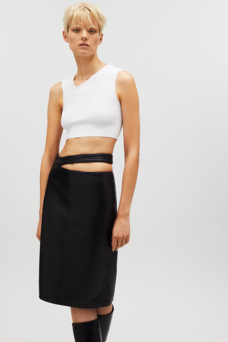 Kaia x Zara Leather Midi Skirt and Cropped Knit Top