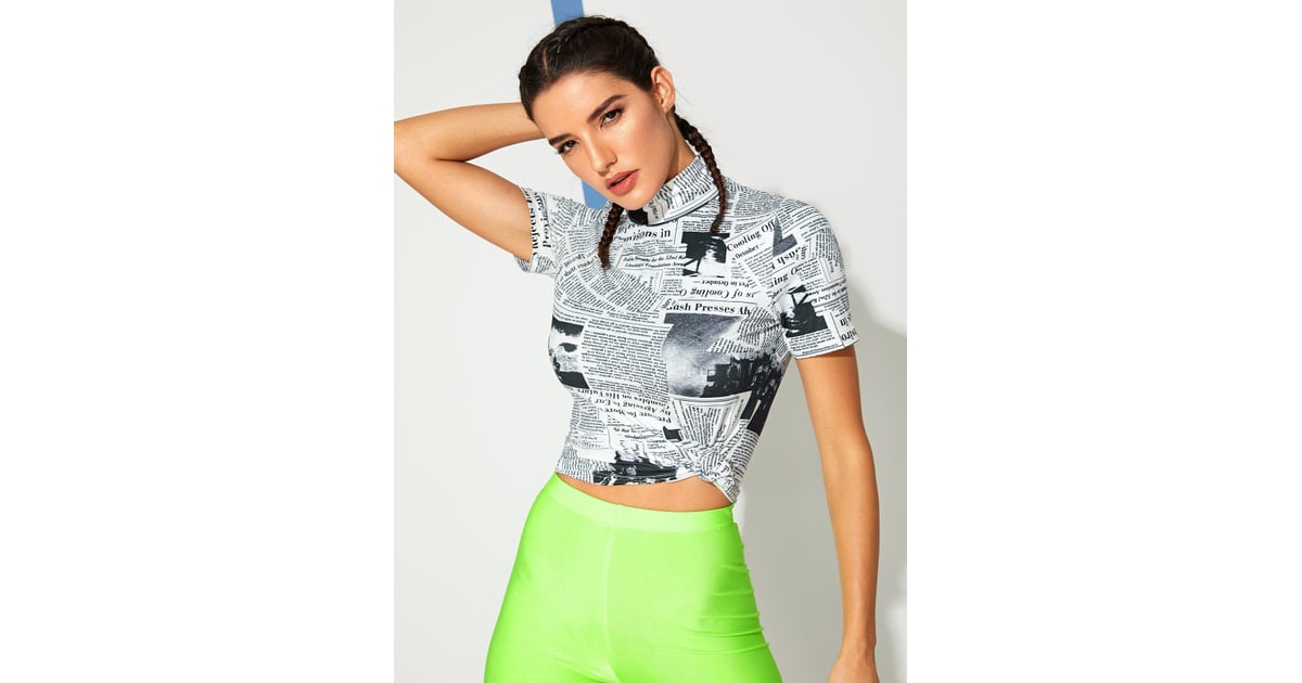 SHEIN Mock Neck Newspaper Print Tee - Trendy Eg