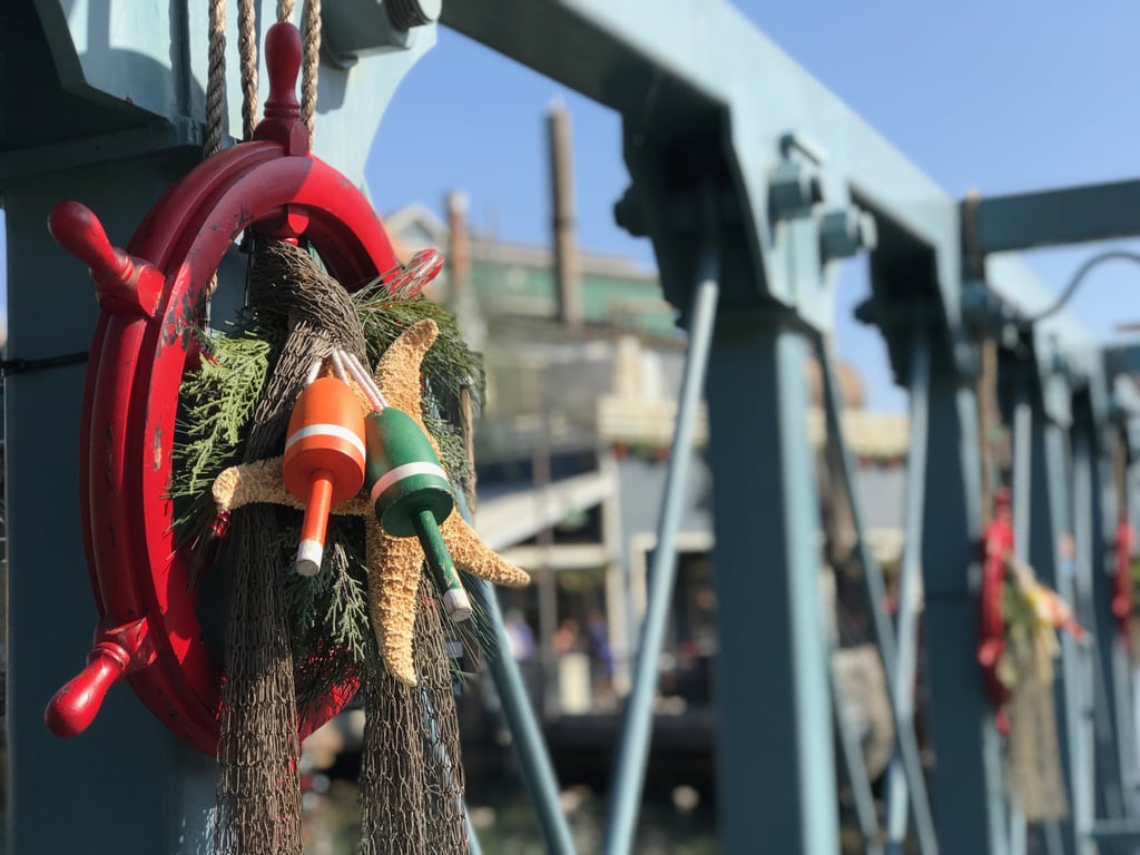 The bridge to Paradise Pier even has festive nautical touches!