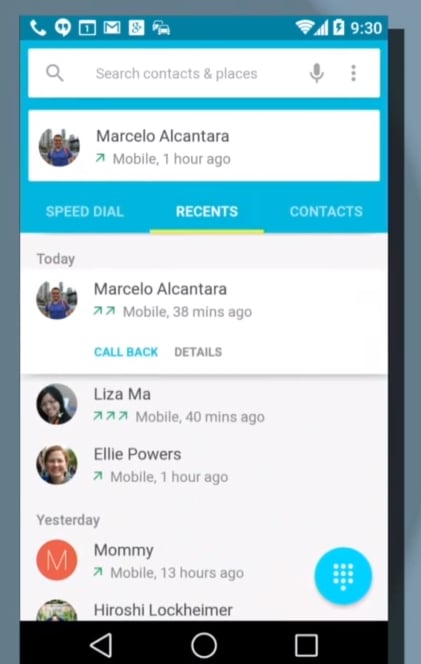 New Contacts view in Android L.