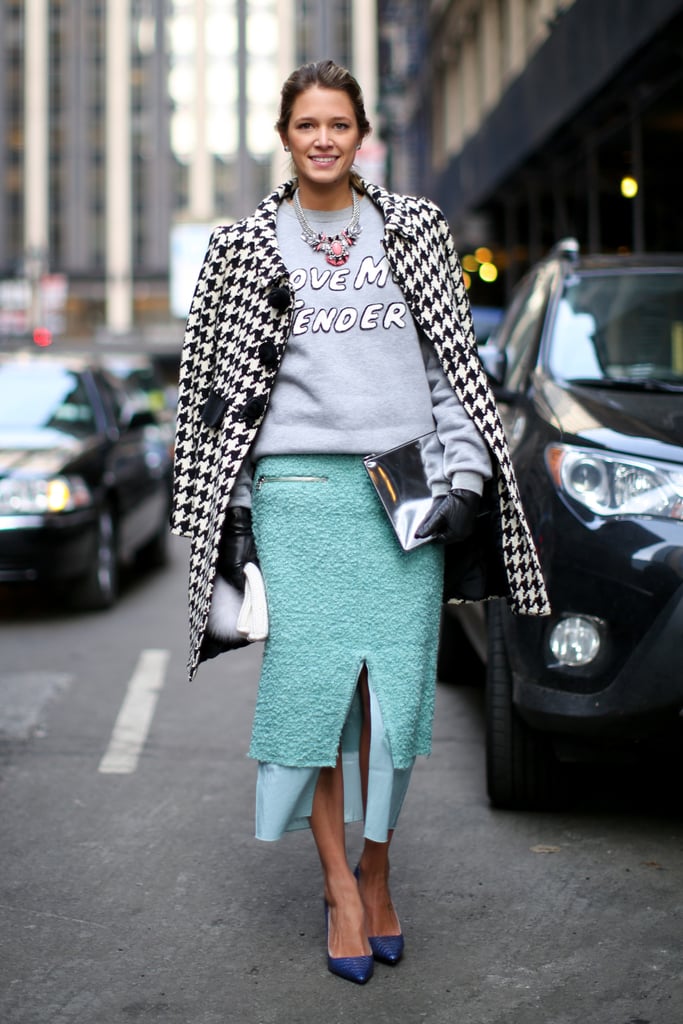 Nothing like a statement sweatshirt to remix a polished pencil skirt and houndstooth coat.