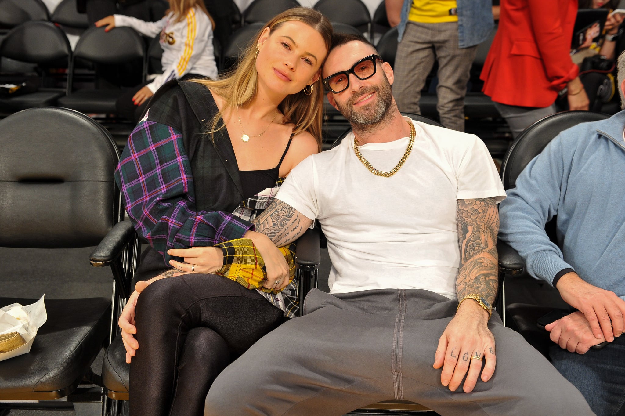 LOS ANGELES, CA - OCTOBER 20:  Adam Levine and Behati Prinsloo attend a basketball game between the Los Angeles Lakers and the Houston Rockets at Staples Centre on October 20, 2018 in Los Angeles, California.  (Photo by Allen Berezovsky/Getty Images)