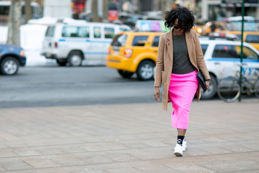 Danielle Prescod did business on top, party on the bottom with a hot-pink skirt, socks, and sneakers.