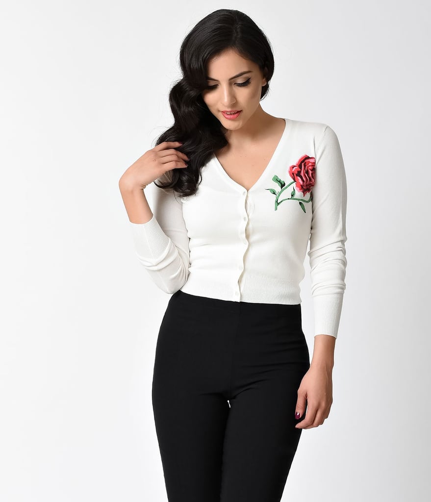 Ivory Knit & Red Rose Long Sleeve Button Up Cardigan ($38)