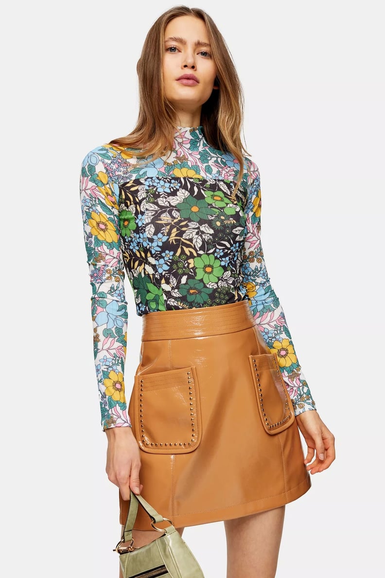 Floral Print Mesh Funnel Neck Top