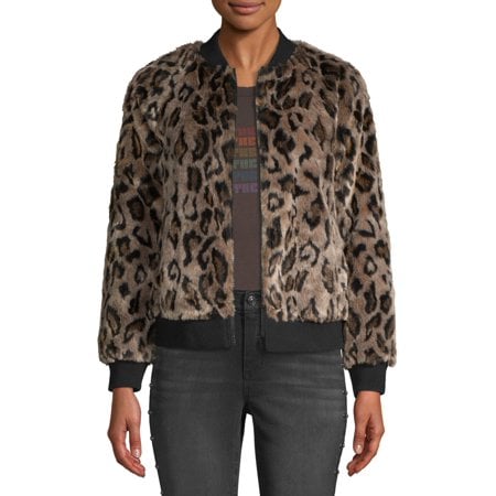 Scoop Faux Fur Leopard Knit Panel Zip-Up Bomber Jacket