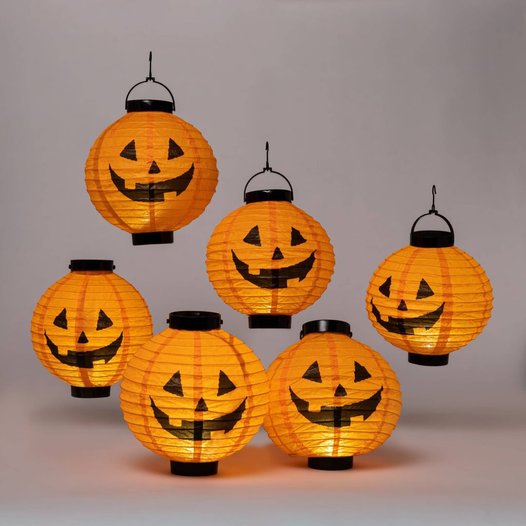 For Ambiance: Paper Lantern With Pumpkin Design Cool White LED Bulbs Halloween Party Decoration