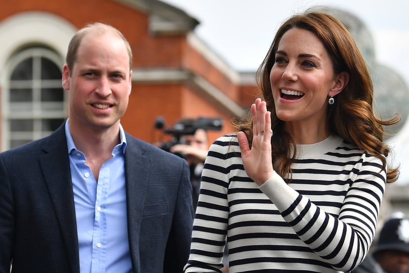 LONDON, ENGLAND - MAY 07: Catherine, Duchess of Cambridge and Prince William, Duke of Cambridge wave to well wishers as they leave after attending the launch of the King's Cup Regatta at Cutty Sark, Greenwich on May 7, 2019 in London, England. (Photo by B