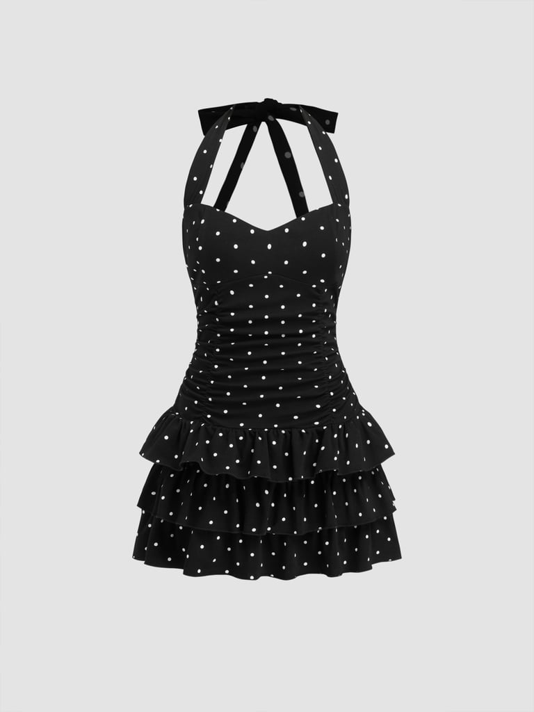 Cider Cotton-Blend Halter Neckline Polka Dot Ruched Layered Mini Dress