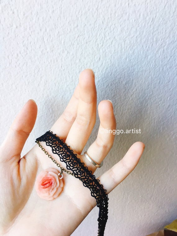 Black Lace Choker With Vagina Flower