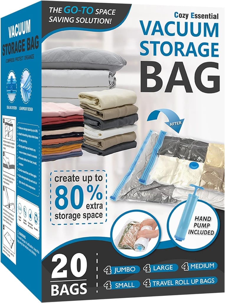 Cozy Essential Vacuum Storage Bags ($20)
If you're looking for a storage solution that takes up minimal space and can easily be stowed away, look no further than these vacuum storage bags. This set of 20 storage bags lets you store away everything from bedding and clothing to all sorts of blankets that are not in use currently. You can use your vacuum cleaner to help suck the air out of these bags and completely compress your blankets. Plus, they're reusable and durable.