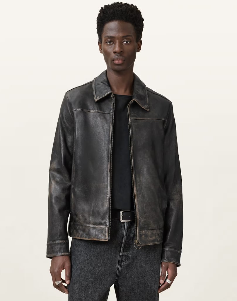 All Saints Alkan Zip Up Two Tone Leather Jacket