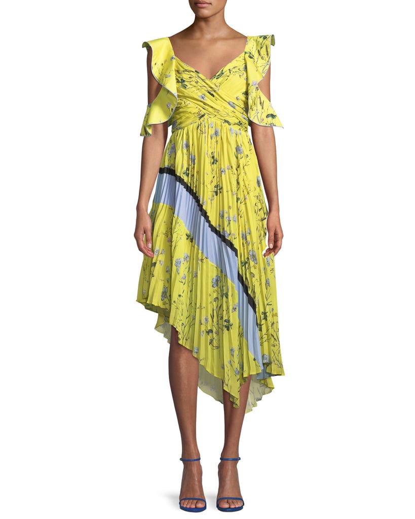 Self-Portrait Pleated Asymmetric Floral-Print Cocktail Dress