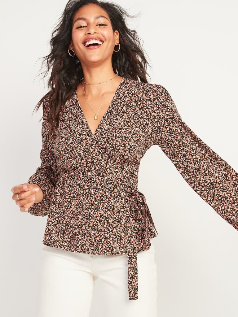 Floral-Print Tie-Belt Wrap Blouse