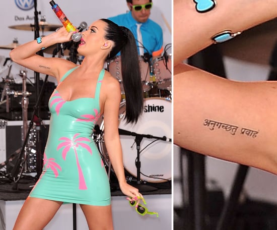 In 2010, Katy Perry and Russell Brand headed over to the tattoo parlor for matching ink. The tattoos in their inner arms mean "go with the flow" in Sanskrit.