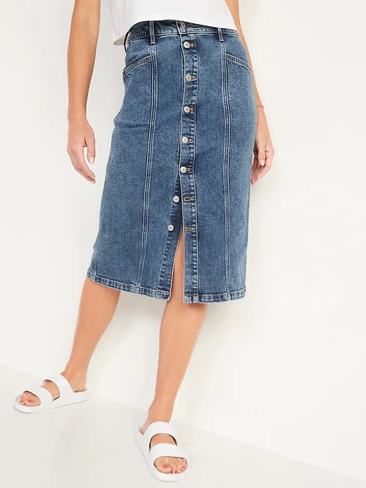 Old Navy High-Waisted Button-Front Medium Acid-Wash Jean Midi Skirt