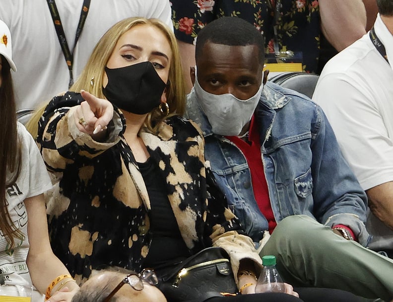 PHOENIX, ARIZONA - JULY 17: Singer Adele looks on next to Rich Paul during the first half in Game Five of the NBA Finals between the Milwaukee Bucks and the Phoenix Suns at Footprint Center on July 17, 2021 in Phoenix, Arizona. NOTE TO USER: User expressl