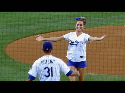 Swimsuit Model Chrissy Teigen First Pitch at Dodgers 8-5-14