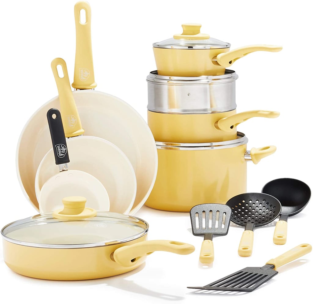GreenLife Soft Grip Healthy Ceramic Nonstick Yellow Cookware Pots and Pans Set