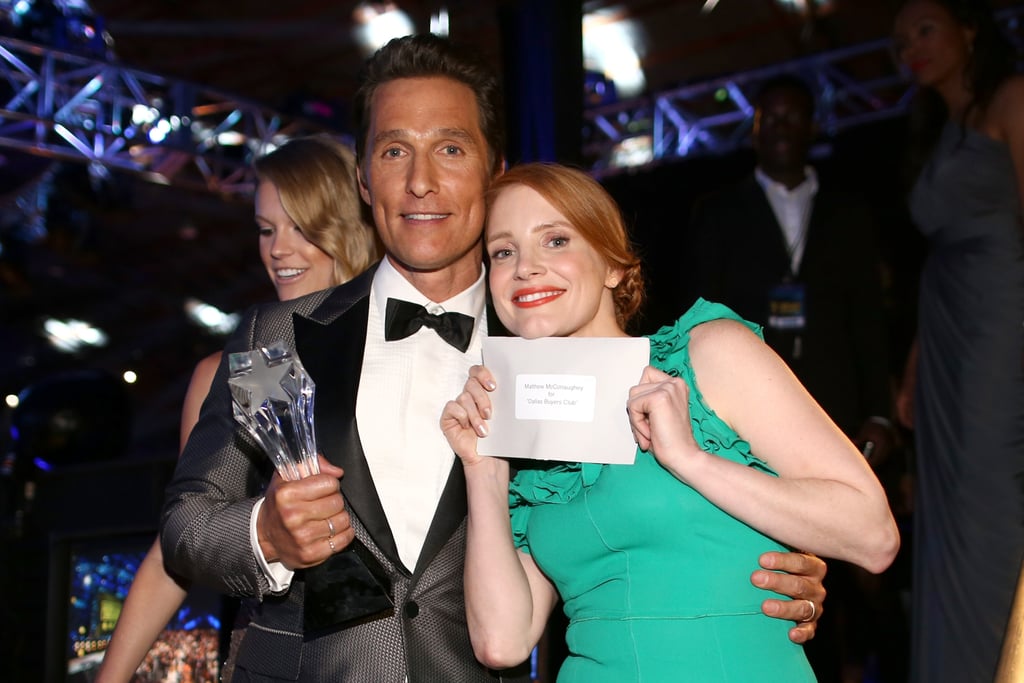 Jessica Chastain held up the card from which she read Matthew's name before he accepted the best actor award.