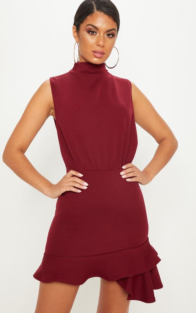 Burgundy High Neck Frill Hem Bodycon Dress