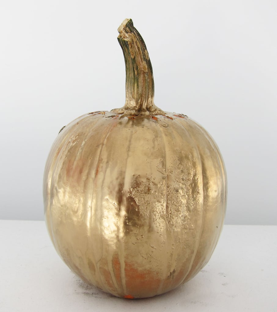Directions: Spray a heavy coat of metallic paint on your pumpkin in an open, ventilated area and allow to dry (around 20 minutes).