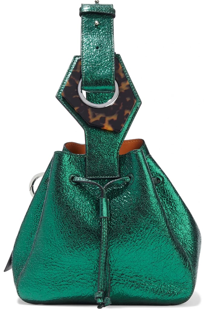Ganni Emerald Embellished Metallic Cracked Leather Bucket Bag