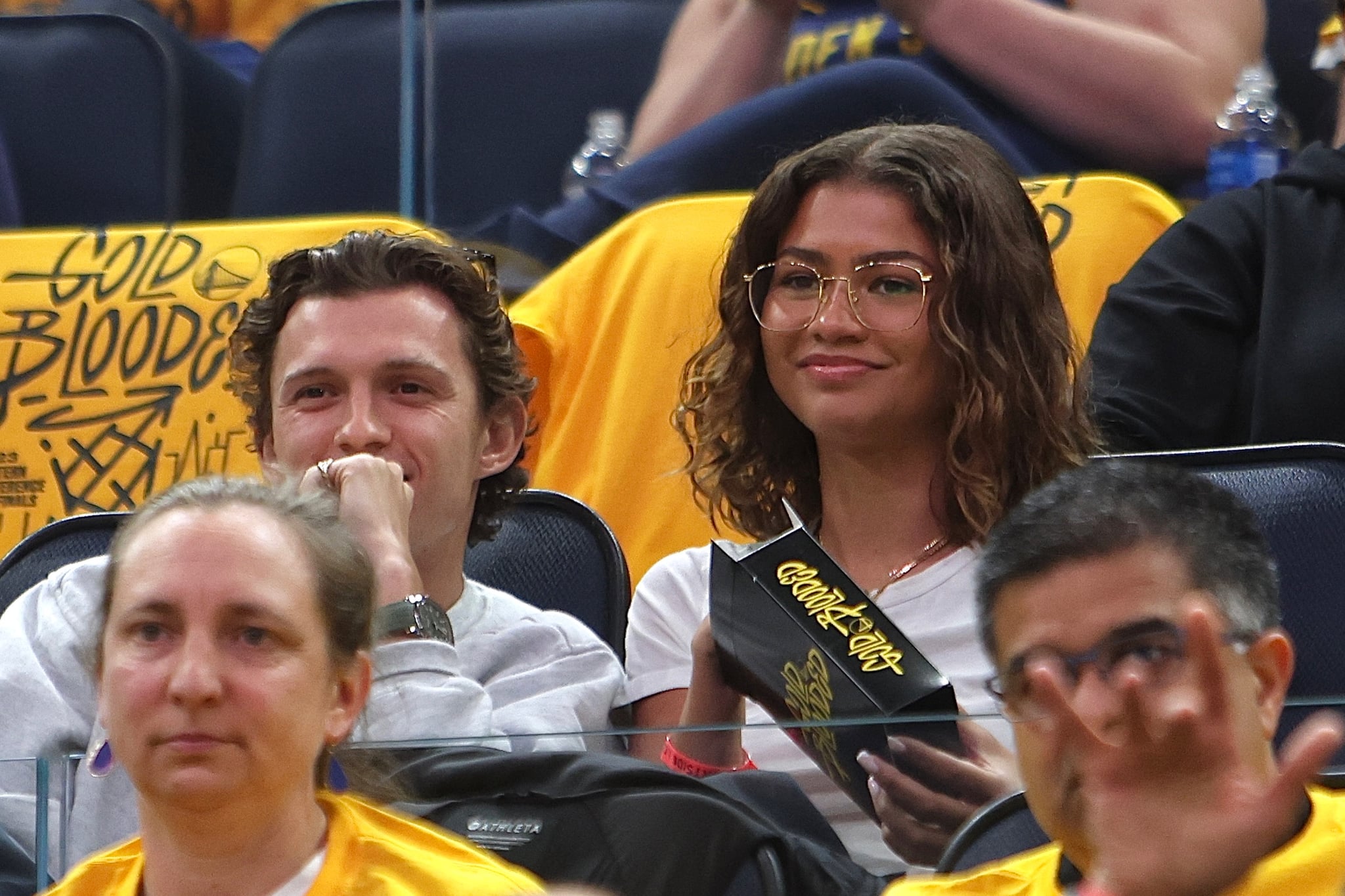 SAN FRANCISCO, CA - May 4: Tom Holland and Zendaya takes in the game between the Los Angeles Lakers and Golden State Warriors during Game 2 of the 2023 NBA Playoffs Western Conference Semifinals on May 4, 2023 at Chase Centre in San Francisco, California. NOTE TO USER: User expressly acknowledges and agrees that, by downloading and/or using this Photograph, user is consenting to the terms and conditions of the Getty Images Licence Agreement. Mandatory Copyright Notice: Copyright 2023 NBAE (Photo by Jim Poorten/NBAE via Getty Images)