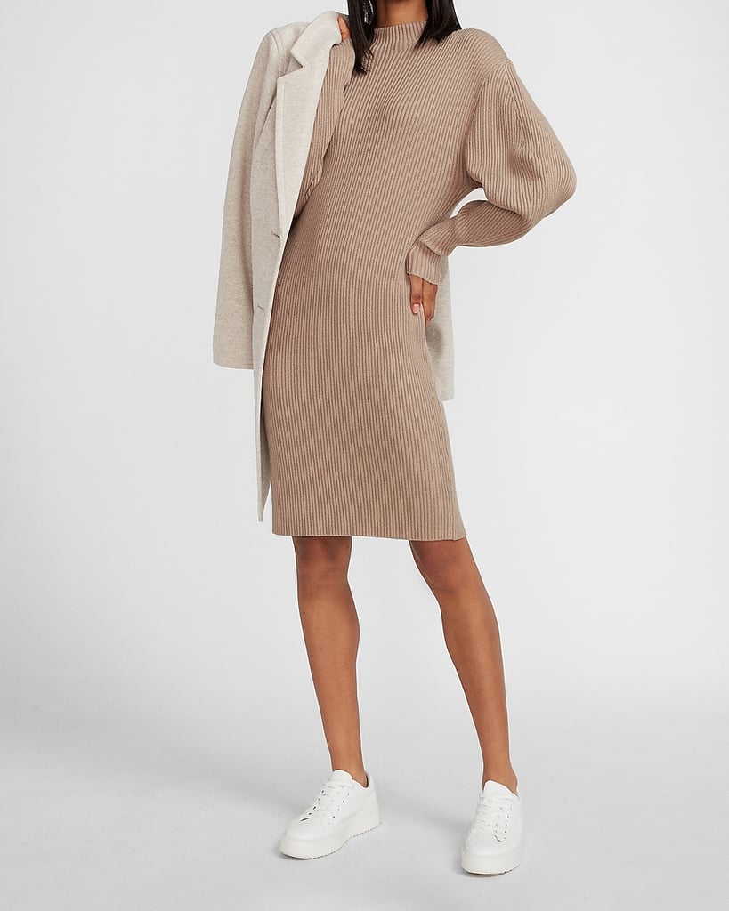 Ribbed Mock Neck Balloon Sleeve Sweater Dress