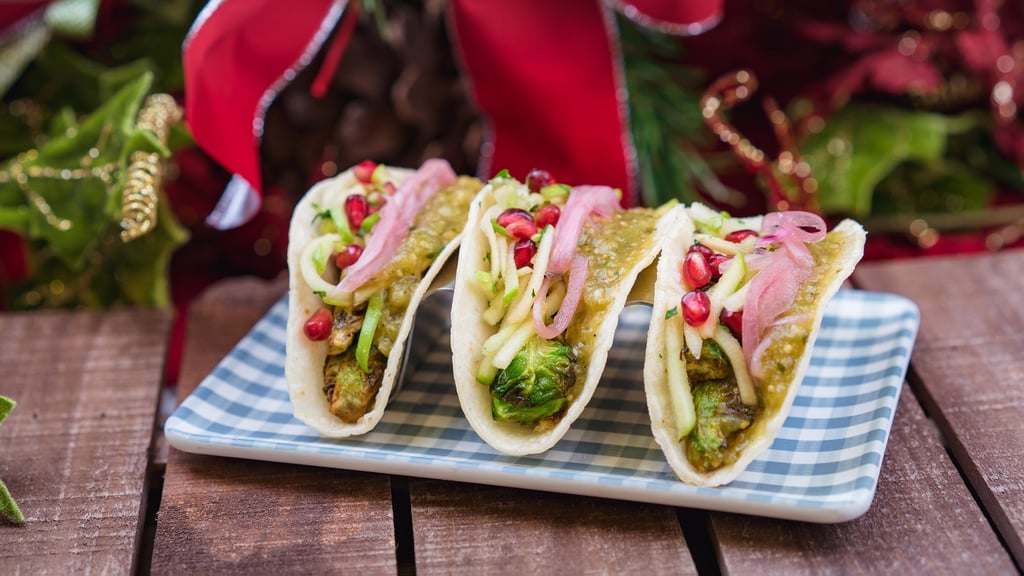 Plant-etarium Street Tacos With Brussels Sprouts, Salsa Verde, Pickled Red Onions, and Apple and Pomegranate Slaw