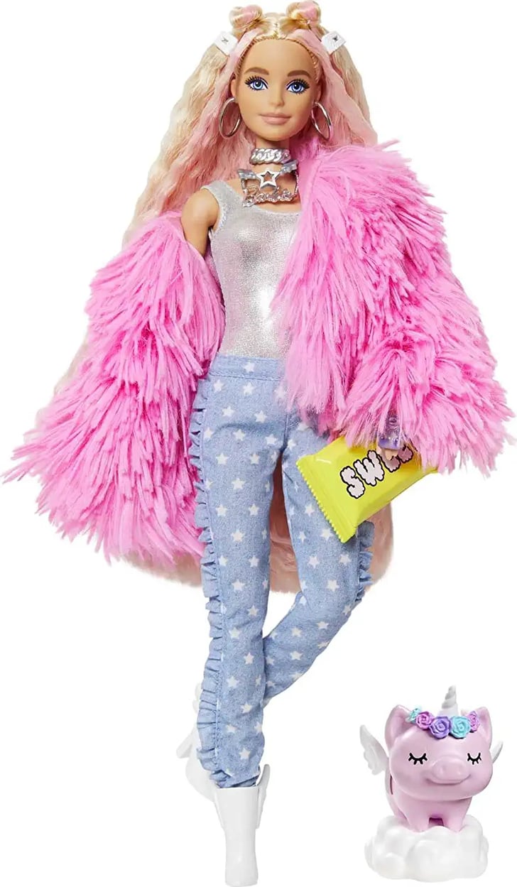 A Classic Barbie Extra Doll 3 in Pink Fluffy Coat With Pet Unicorn