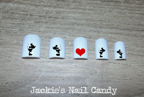 Mickey Mouse and Minnie Mouse Kissing Silhouette with Heart Nail Decals