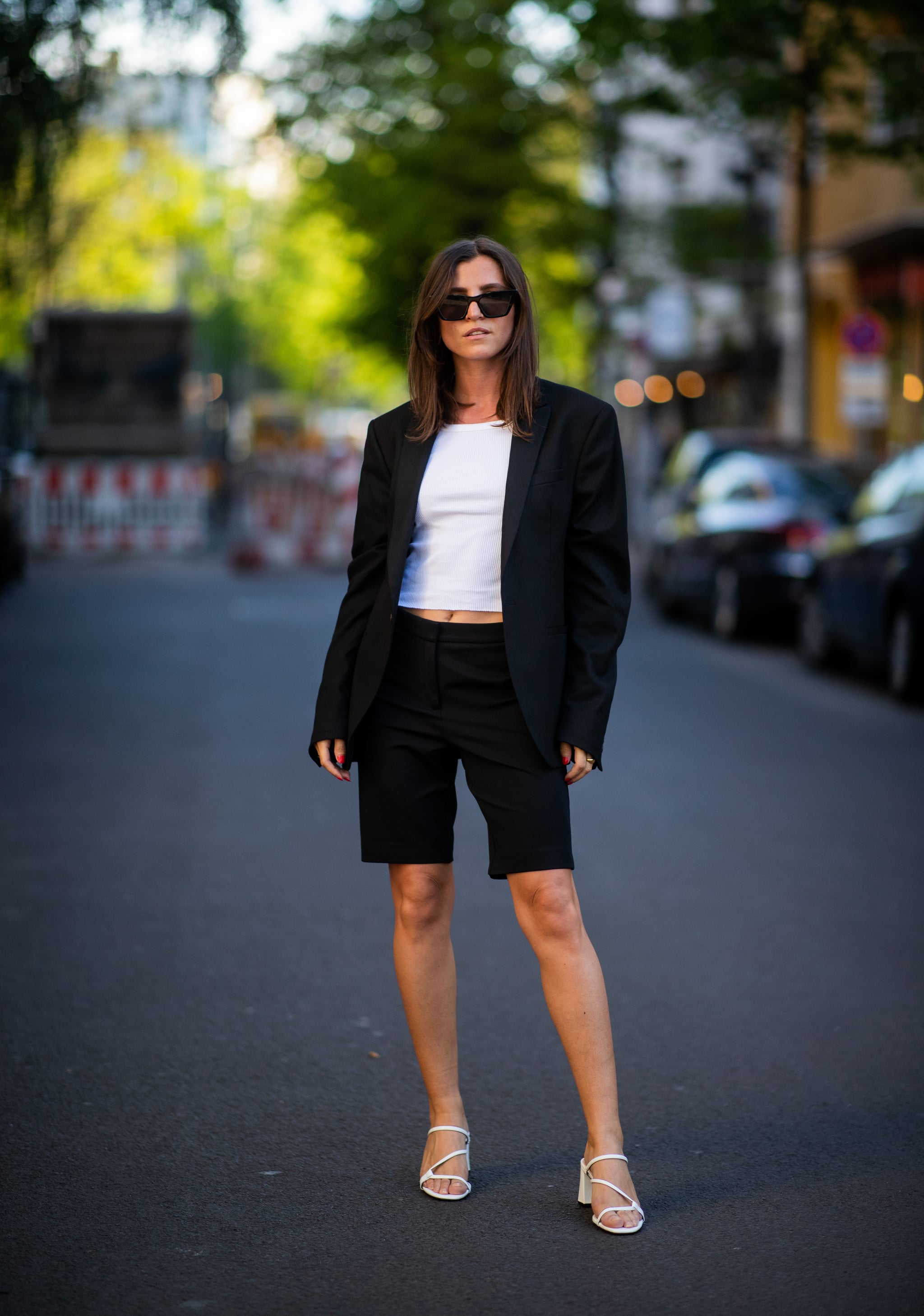 long blazer and shorts