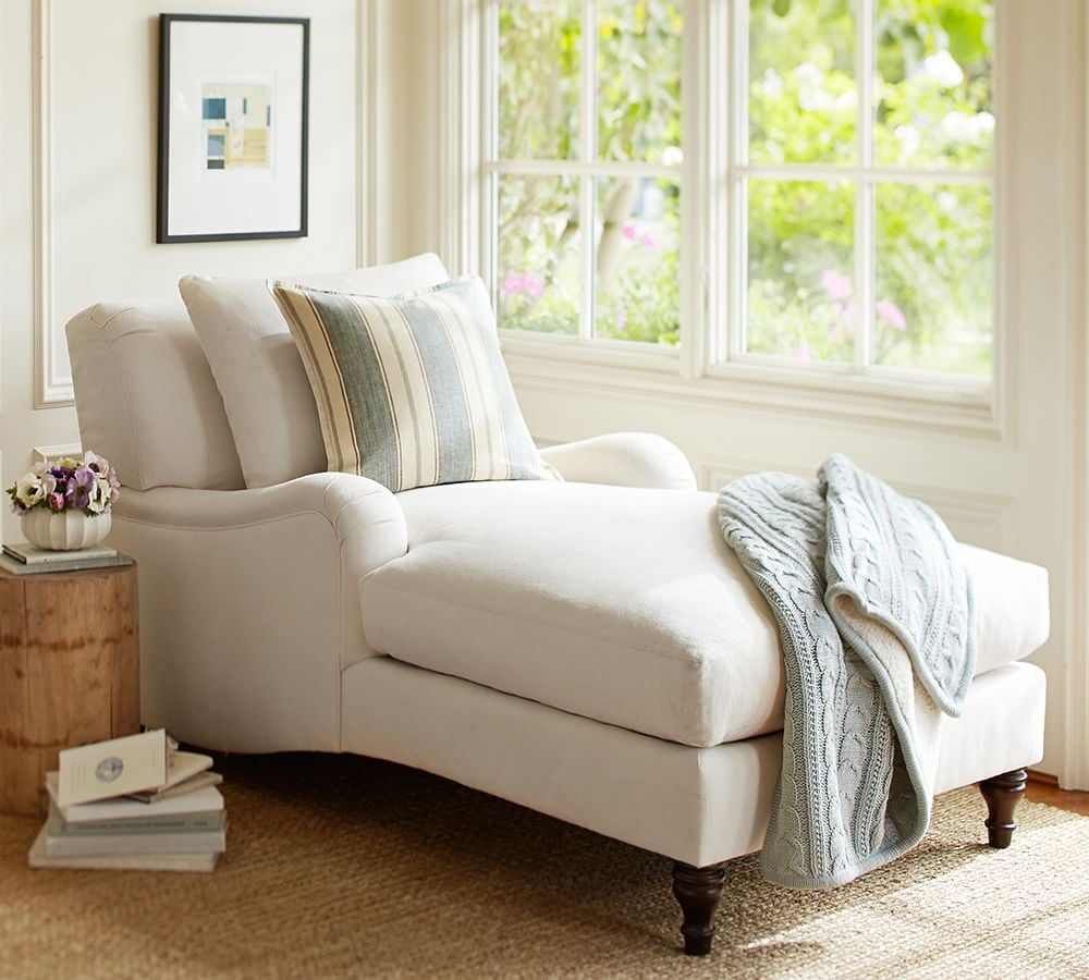A Traditional Chaise Lounge Chair: Pottery Barn Carlisle Upholstered Chaise Lounge