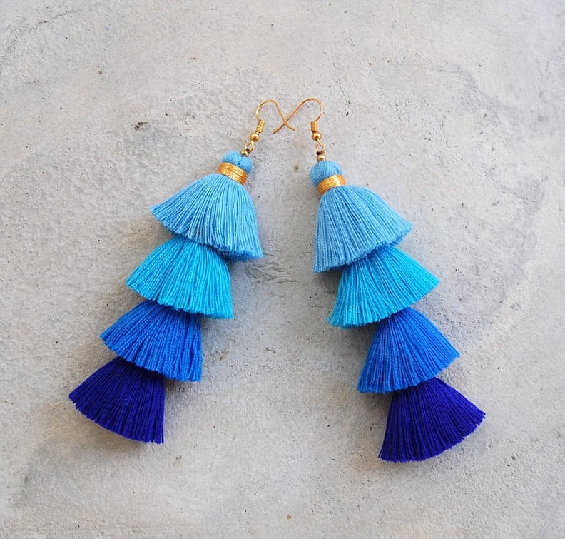 Four-Layered Blue Ombre Tassel Earrings