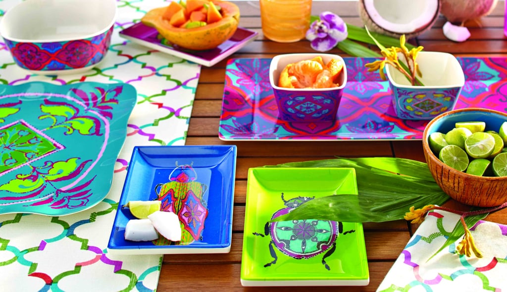Whether enjoying taco night outside with the girls or a sunny lunch on the deck with the kids, go with these playful melamine beetle appetizer plates ($6 for set of 3), tile dinner plates ($10 for set of 2), and dip bowls ($10 set of 4).