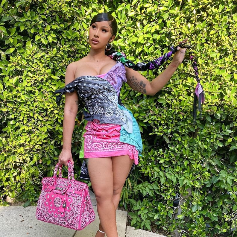 Cardi B's Bandana-Print Minidress and Hermès Birkin Bag