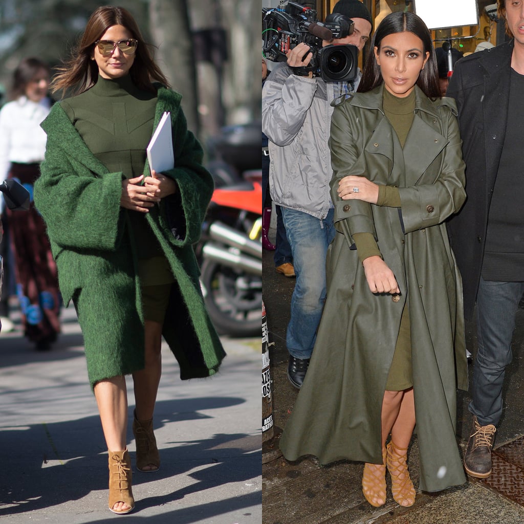 Christine's and Kim's takes on monochromatic green are strikingly similar, right down to their suede lace-up heels.